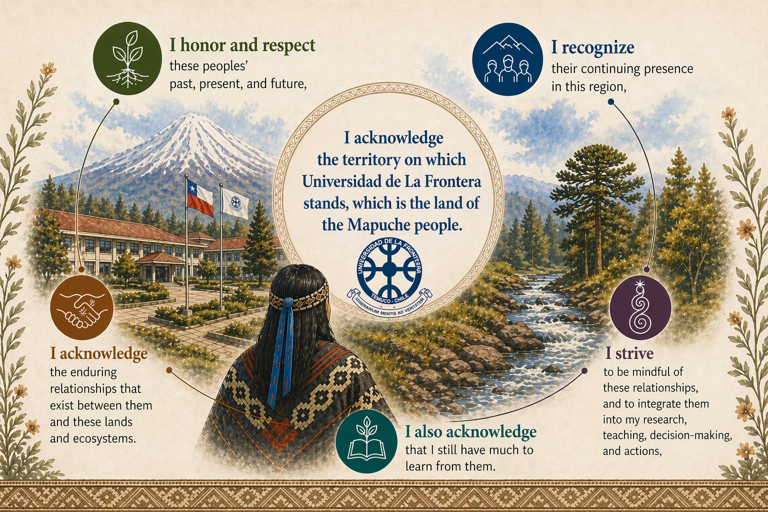 Graphic representation of Dr. Mauricio Zambrano-Bigiarini's recognition of the Mapuche people